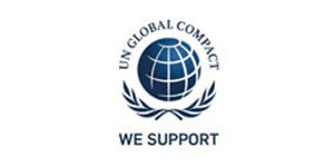 YK:n Global Compact -ohjelman logo, jossa on teksti ”We Support”, sininen maapallo ja oliivipuun oksat valkoisella taustalla.